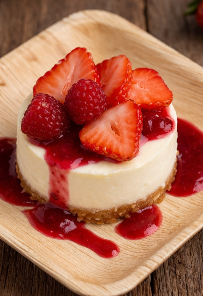 Individual cheesecake dessert topped with strawberries, raspberries and berry sauce