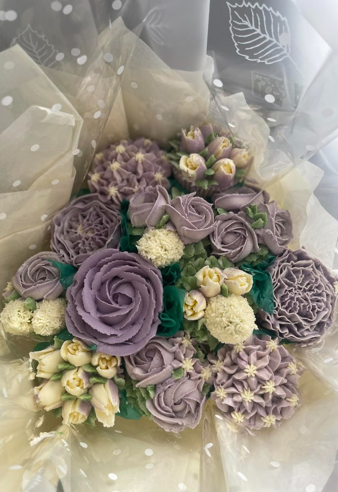Luxury flower cupcake bouquet in lilac and cream a mix of Hyacinths, tulips and roses from Flour to Flower in Buckinghamshire