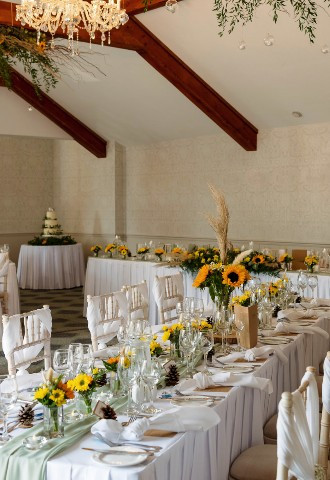 Wedding reception set up at Coed Y Mwstwr Hotel, South Wales