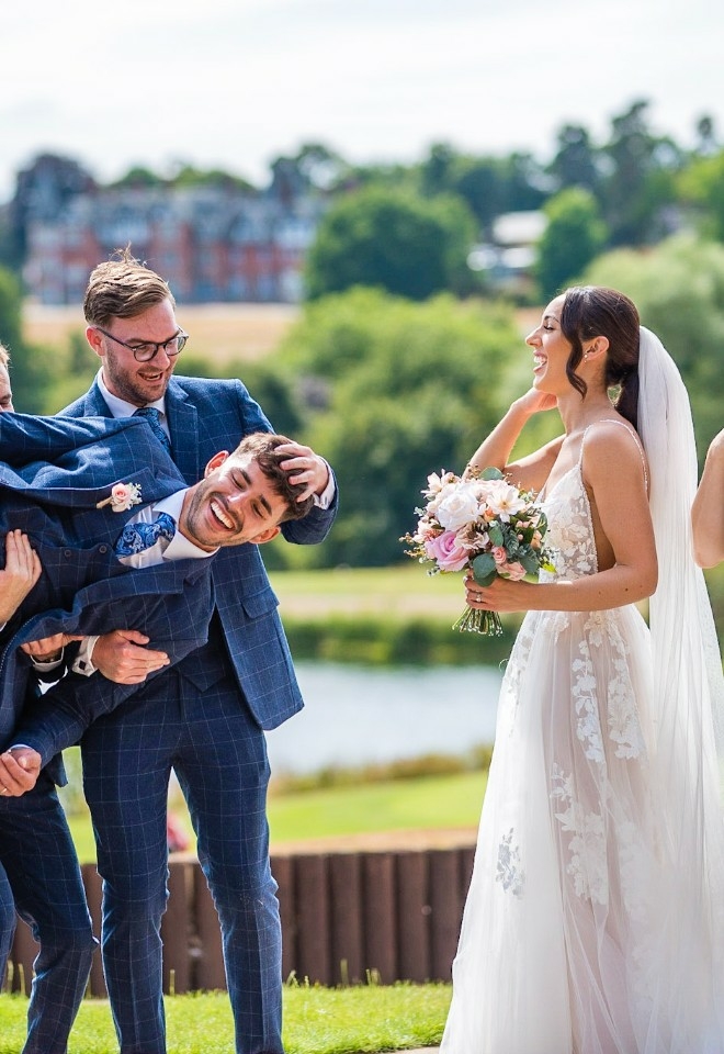 Fun pictures of couple and their bidal party outside at Westerham Golf Club