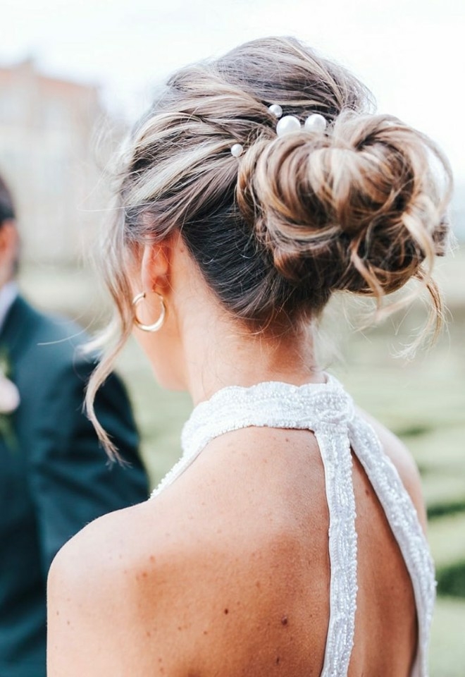 textured bun with pear pins, wedding hair dresser by Kim Sandford of Stevenage, Hertfordshire