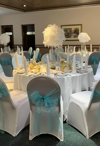 Wedding reception with blue chair decor