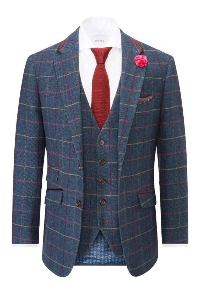 doyle navy check suit with red tie and white shirt