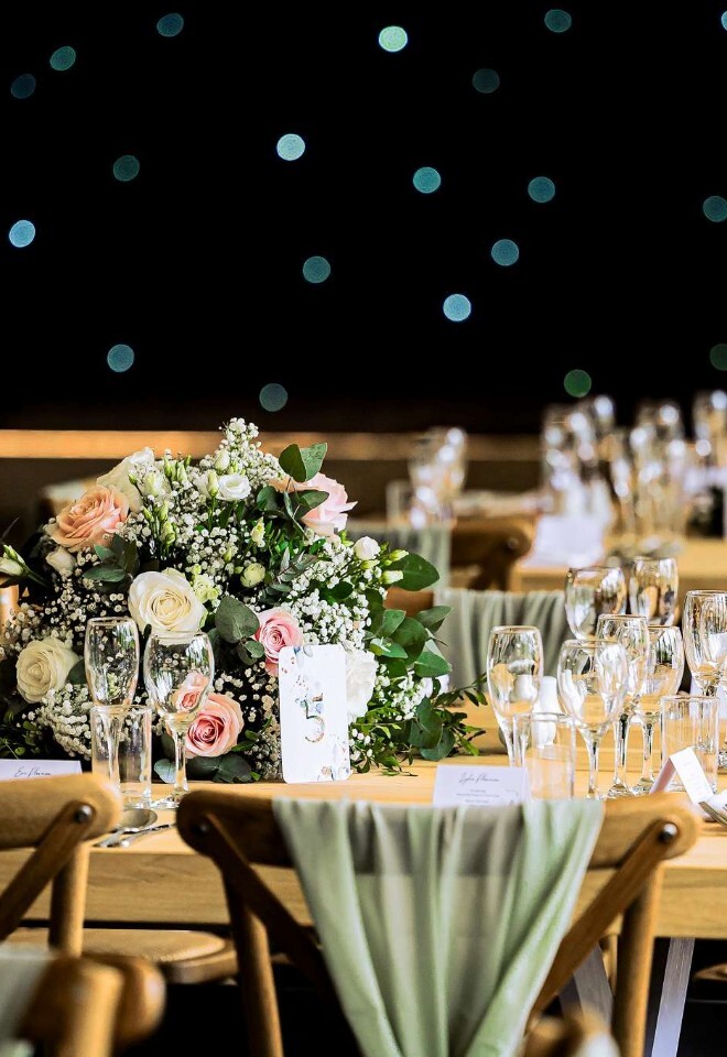 A dining setup at a country wedding venue in Northamptonshire