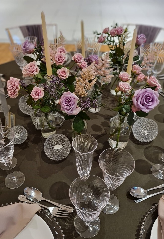 Olive Table Linens, Luxury Glassware, Charge plates, Chiffon Mink Sashes and Napkins - Flowers & Styling by TJ Designer Weddings