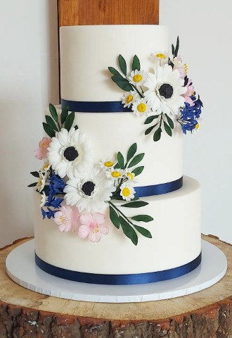 Sugar Germini and Daisies Classic White 3 Tier Wedding Cake