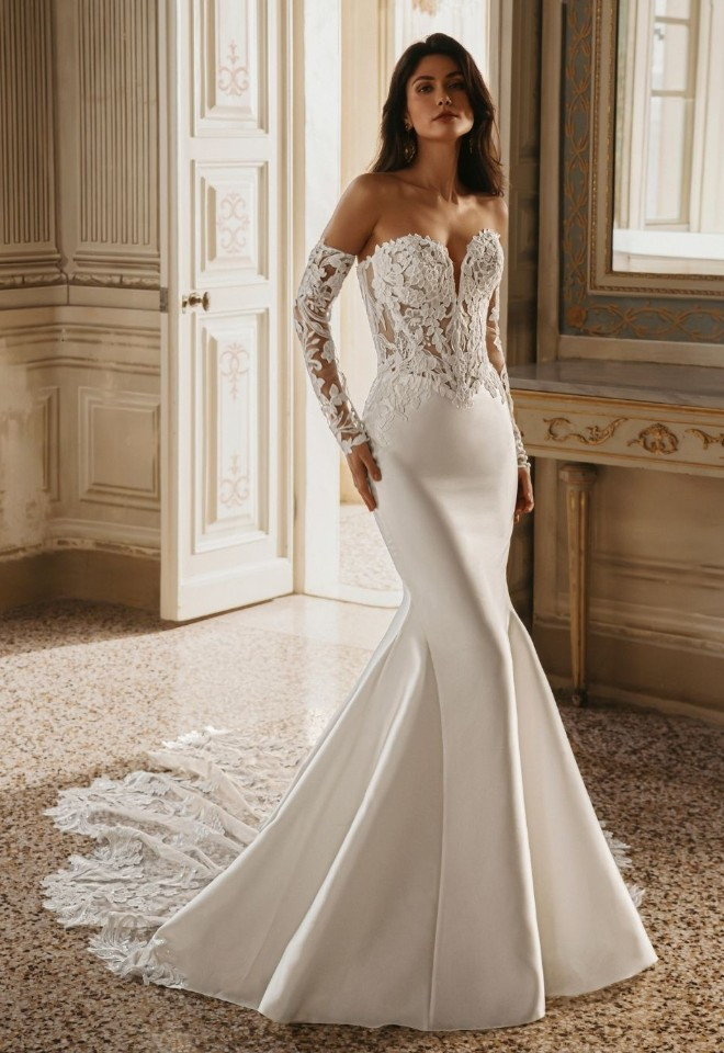 Willomina by Enzoani new 2027 collection.  Satin with lace detail and detachable sleeves