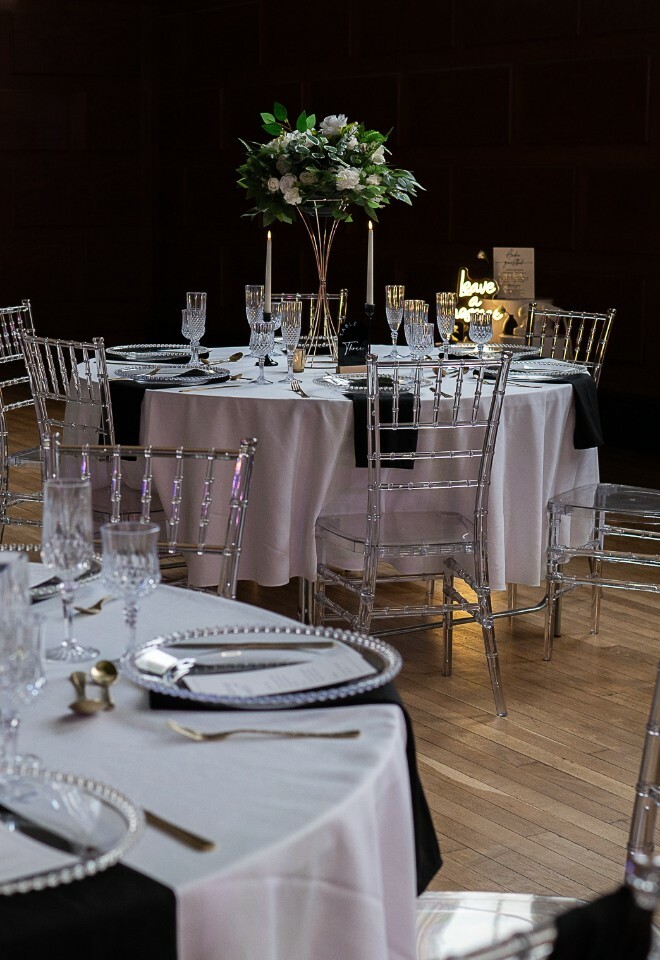 Monochrome wedding set up with led candles