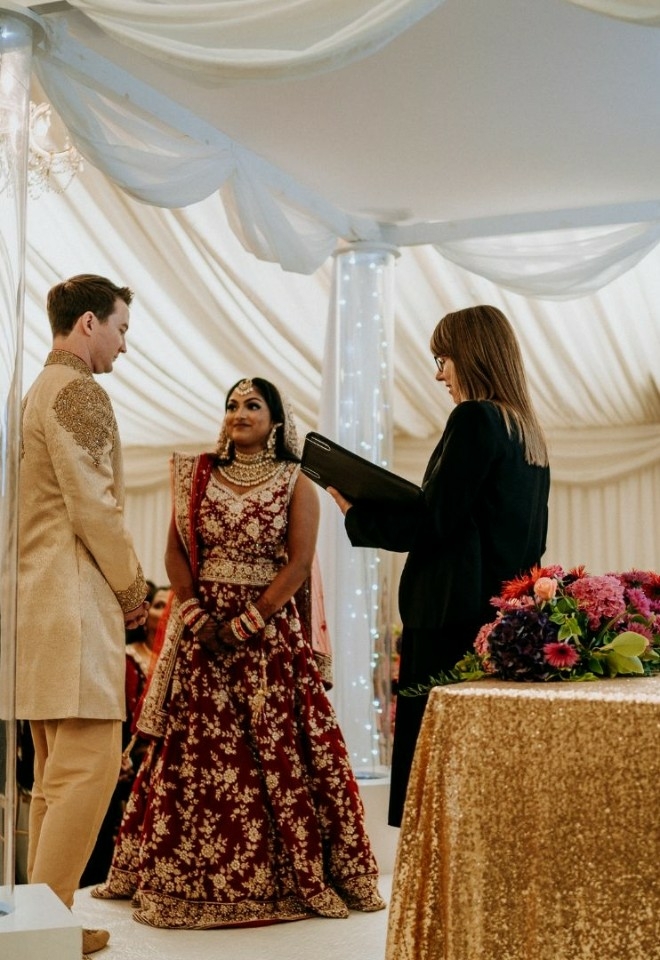 fusion wedding at Heaton House Farm with celebrant for the ceremony
