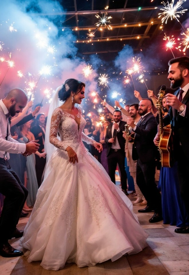 Zaffa entertainment, bride / groom with guitarist with guest holding sparklers in the air