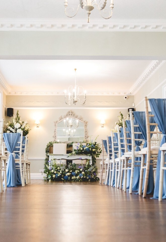 The aisle set up for a couple at a Warwickshire wedding venue