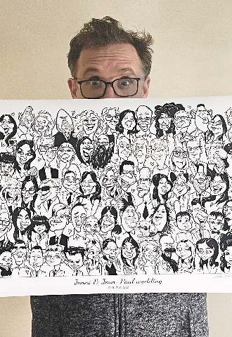 Full group caricature of wedding guests by Alan Simpson Ink, Oxfordshire