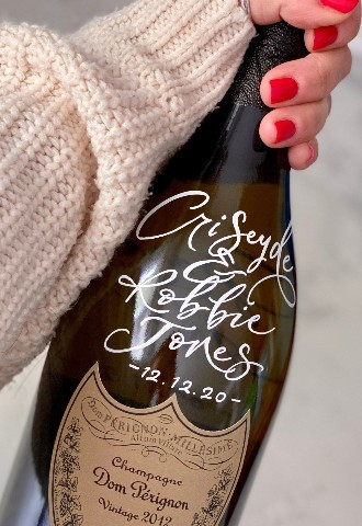 Bride and groom wedding gift vintage Don Perignon bottle of champagne in Mint Lettering calligraphy Buckinghamshire