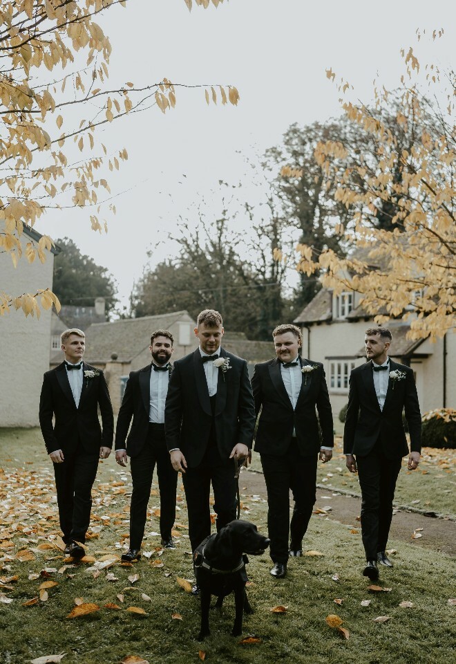 Taking the furry friend for a walk before he walks down the aisle.