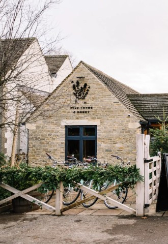 Exterior of Wild Thyme and Honey dressed for a winter wedding