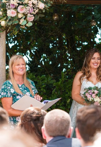 Celebrant Lisa with bride and groom at Trevenna