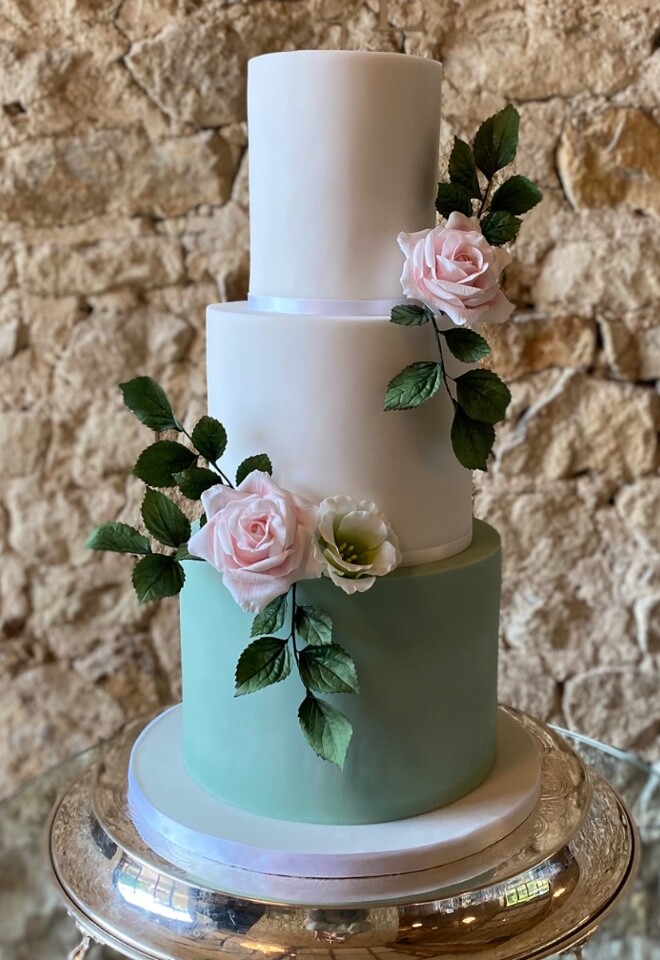 Teal Wedding Cake with Sugar Flowers by Cakes of Curiosity