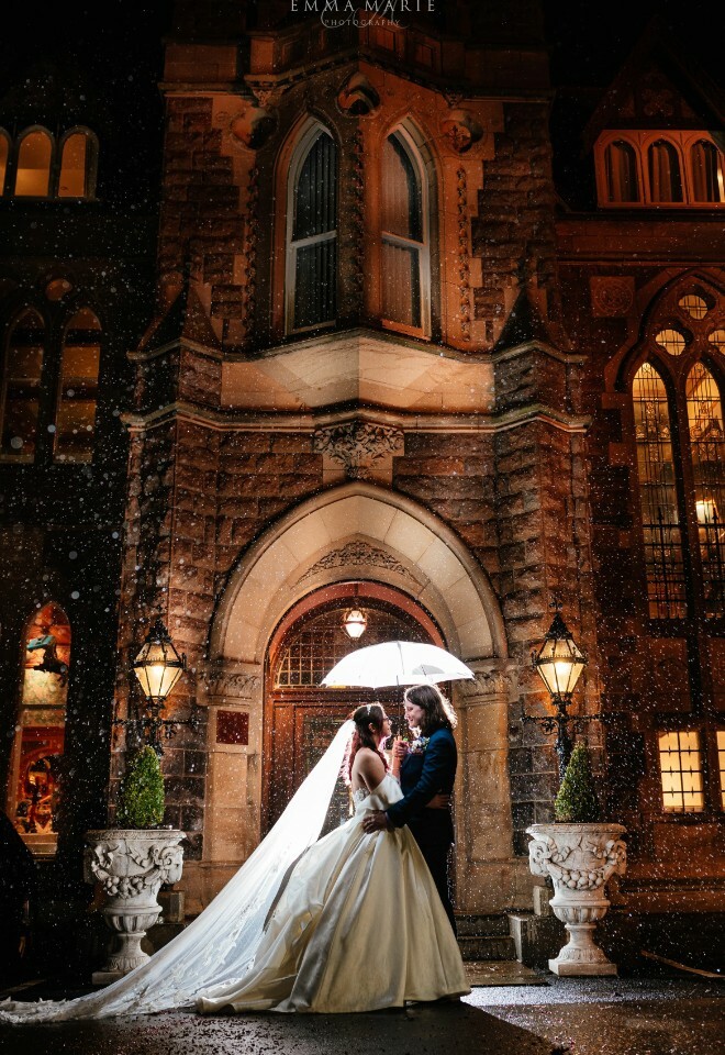 Couple outside venue in the rain
