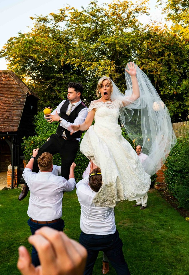 Bride and groom doing a line out at Lains Barn