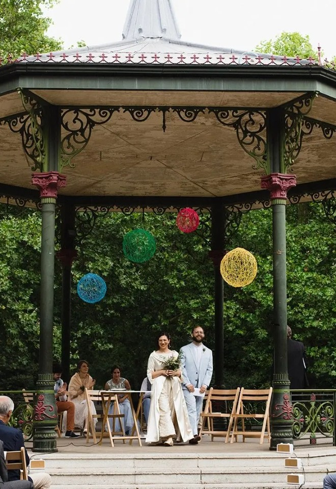 Bride and groom being announced as husband and wife in Battersea Park
