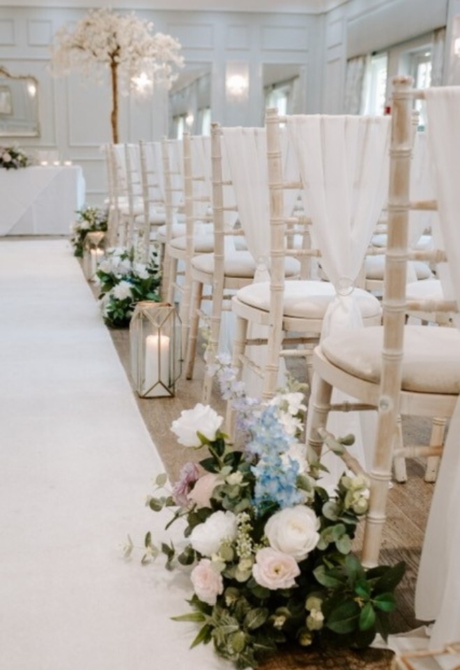 Blue white and pink wedding ceremony flowers burnham beeches