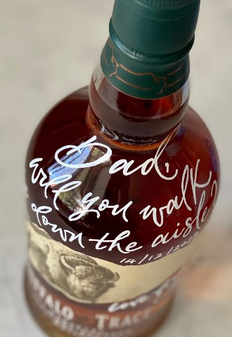 Father of the Bride personalised whiskey bottle "will you walk me down the aisle?" by Mint Lettering calligraphy Buckinghamshire