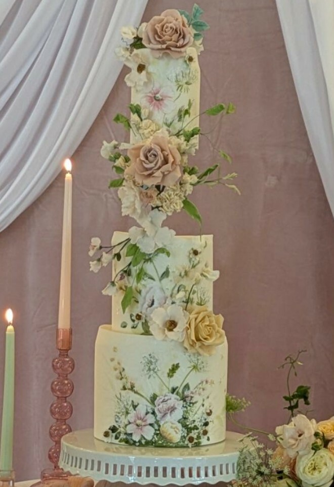 Floating cake with painted and sugar flowers 