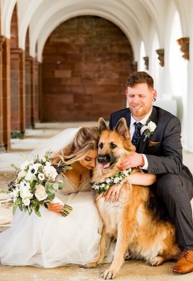 Wedding flowers for couple and dog