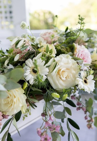 White and blush pink top table flowers, Flowers by Marion, Kent