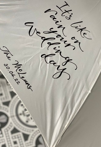 Personalised hand painted wedding day umbrella by Mint Lettering calligraphy Buckinghamshire