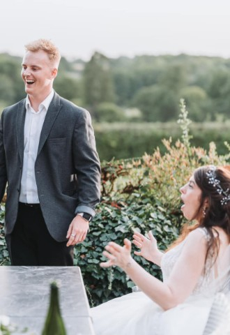 Bride and groom in shock at result of magic trick performed by Ben during drinks reception