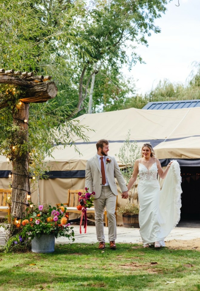 bride & groom at Bennetts Willow Barn yurt marquee wedding