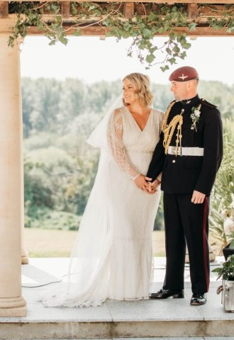 Celebrant Lisa with bride and groom at Tredudwell Manor