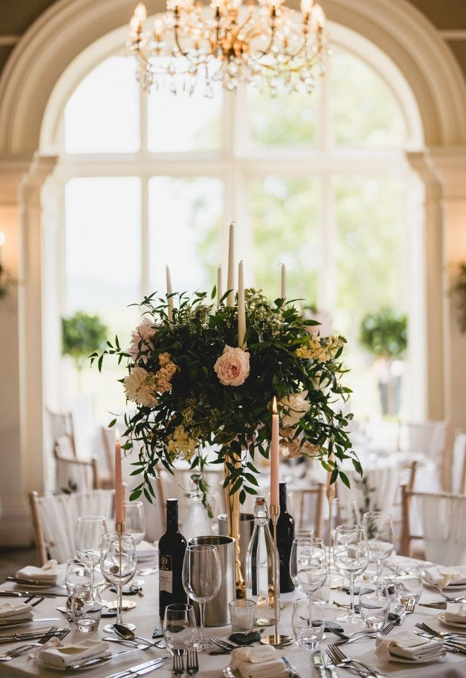 Floral table display at Glewstone Court Country House in Herefordshire