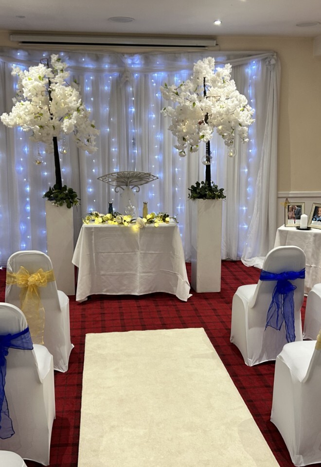 setting of a blue and gold wedding