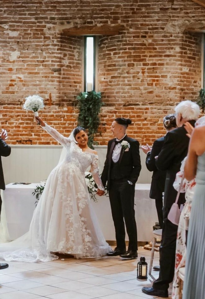 Bar Wedding ceremony, same sex wedding, excited bride