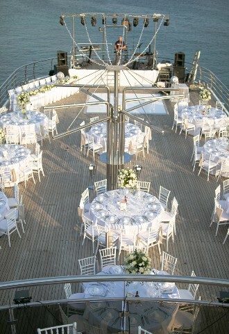 Wedding Reception Set up on a yacht in cyprus, exclusive yacht weddings
