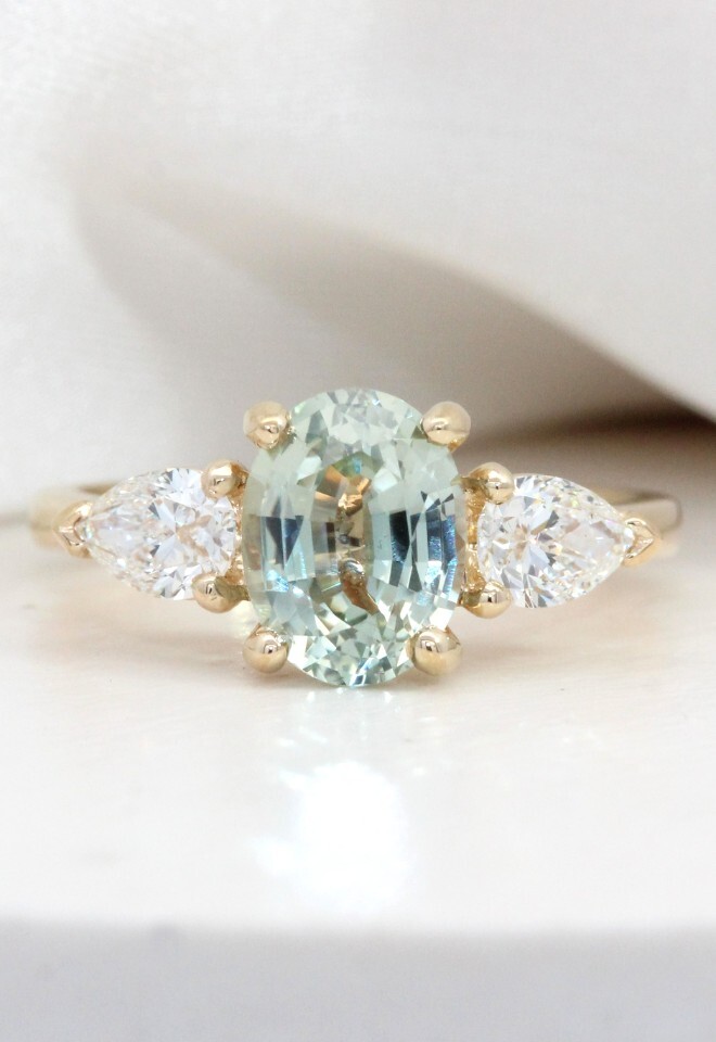Holts Gems Bespoke Light Green Sapphire and Diamond Trilogy Engagement Ring