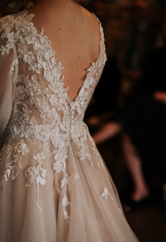 Bespoke lace and tulle winter wedding dress by Rachel Lamb Design based near Ely in Cambridgeshire