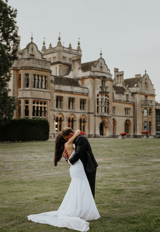 Grittleton House, grounds, wedding couple, rear view of the house