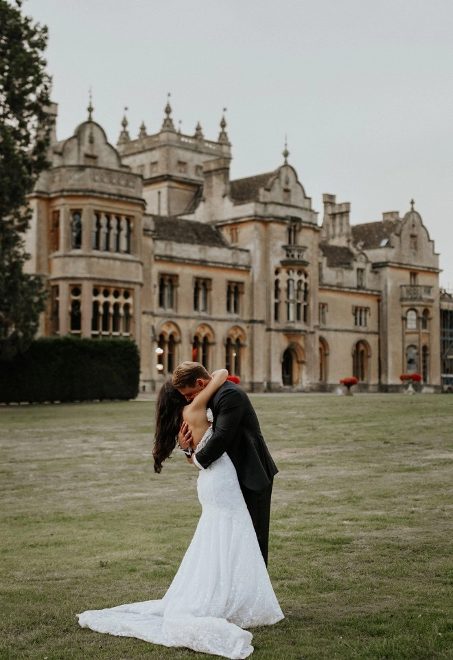 Grittleton House, grounds, wedding couple, rear view of the house