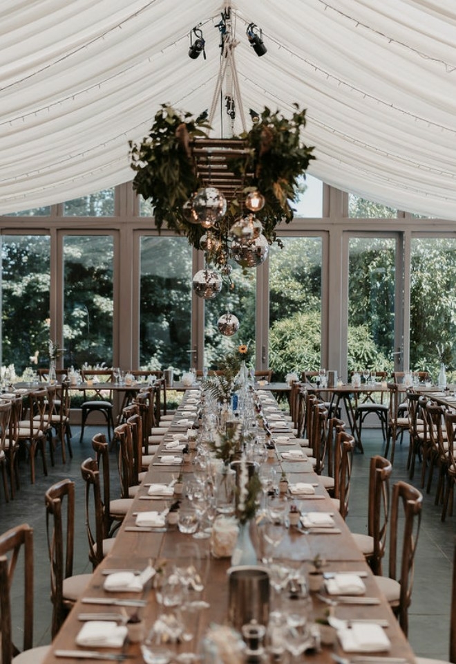 Trevenna Wedding Venue Cornwall Garden Venue Trestle Tables Glitter Balls