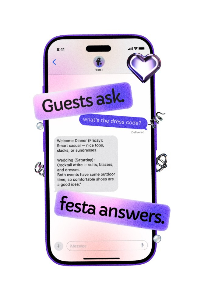 Smartphone displaying Festa AI wedding coordinator answering a guest’s dress code question, helping wedding guests access useful information about the celebration.