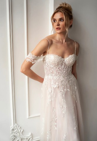 Blush pink, off shoulder wedding dress, Your Story Bridal Marlow