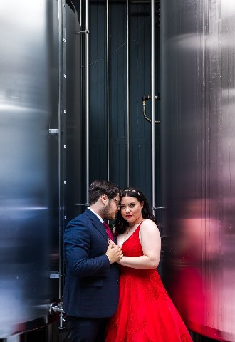 bride in red wedding dress at Wylam Brewery in Newcastle 