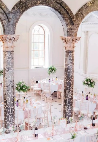 Wedding reception set up at Chicheley Hall, Buckinghamshire