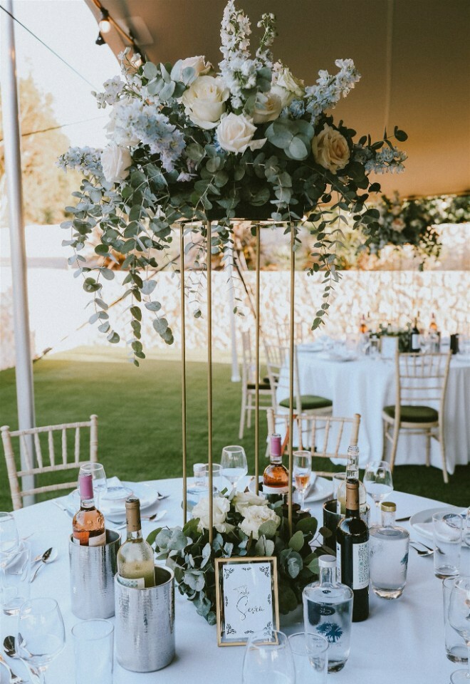 Full Height Blue Flowers on Round Table at Casa Monte Cristo