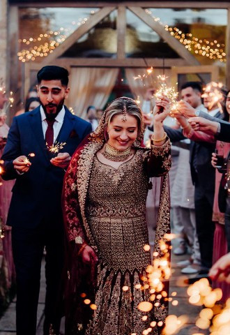 Sparkler exit on wedding day at The Barn at Upcote