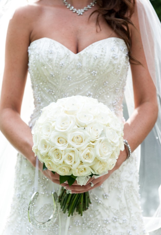 Beautiful Perfect Round Rose Bouquet - Approx 55 Akito White Roses Wedding At Pontlands Park