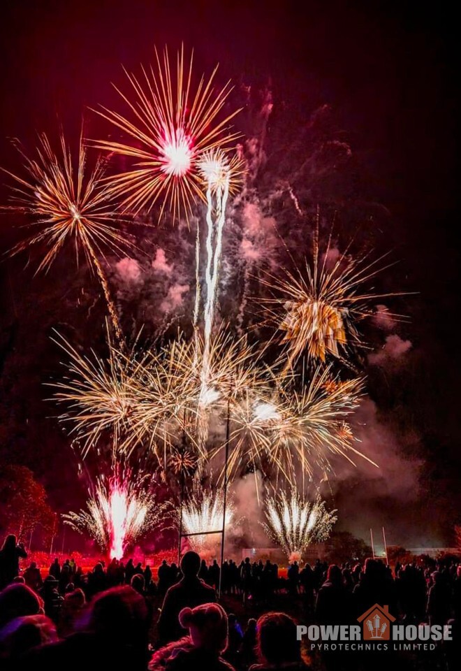 Public fireworks display for Pencoed RFC, with a dramatic night-time fireworks finale over a large crowd, created by Powerhouse Pyrotechnics